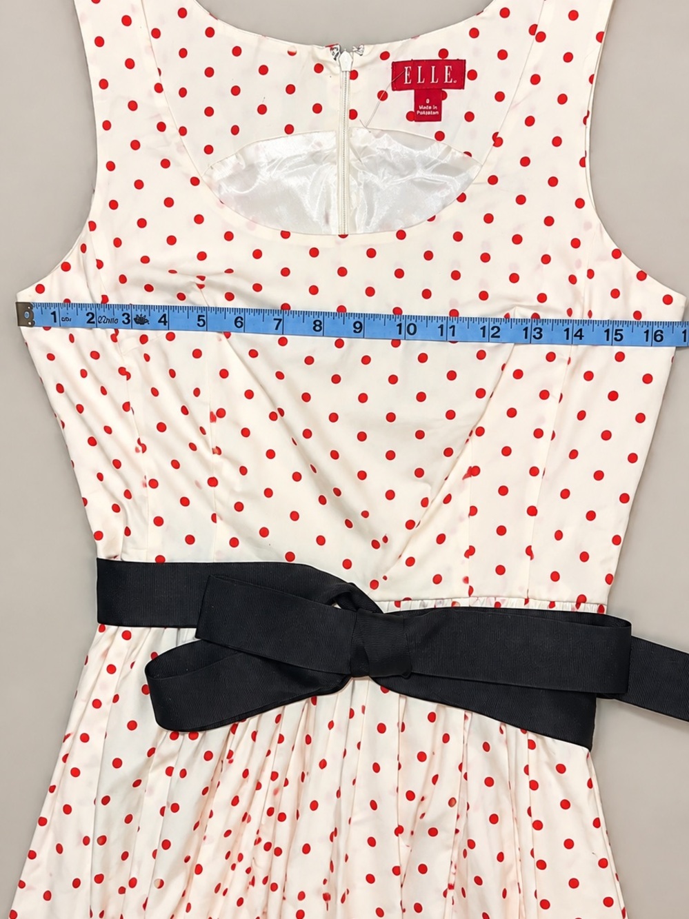 ELLE Size 8 Red Polka Dot Fit & Flare Dress Black Bow Belt Retro Style #1139 - Picture 3 of 5